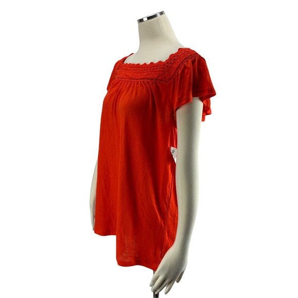 Old Navy Orange NWT Large Top Crochet Linen Boho Short Sleeve - Picture 2 of 5